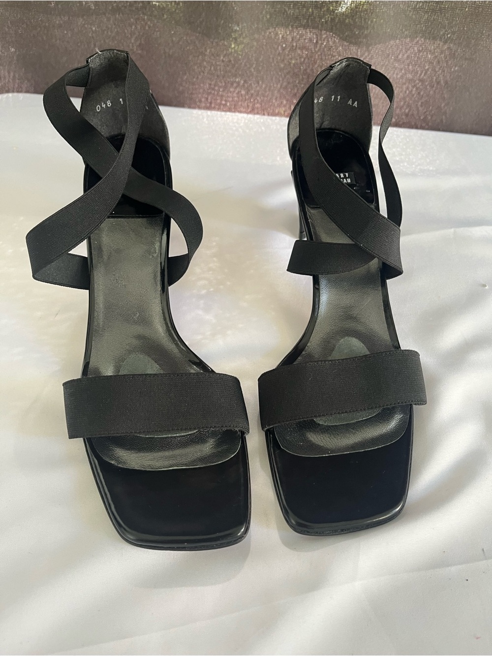 Stuart Weitzman Black Elastic Strap Heels Sandals Women Size 11 Square‎ Toe